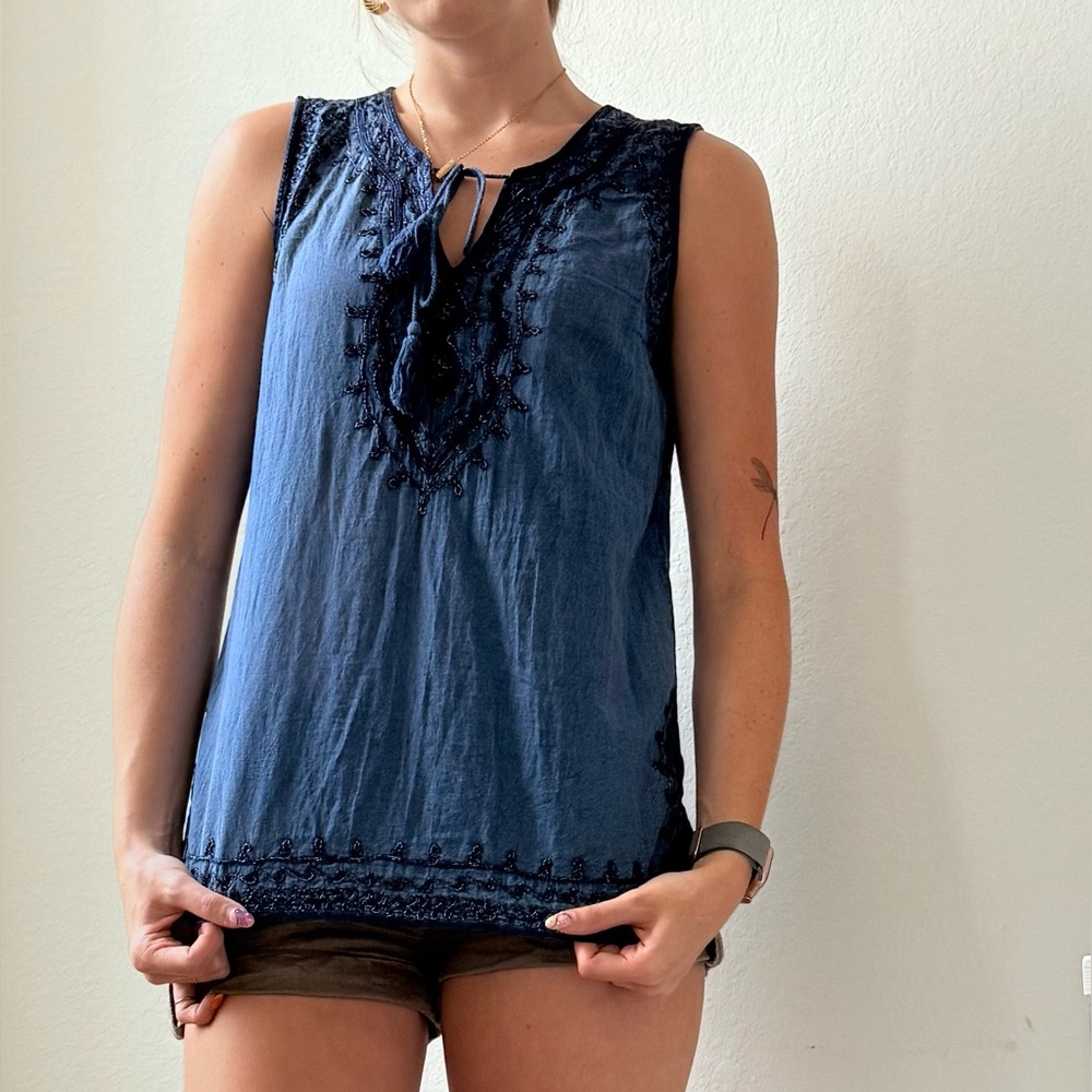 Blue Tie Front Ruffled Blouse with Bib Collar